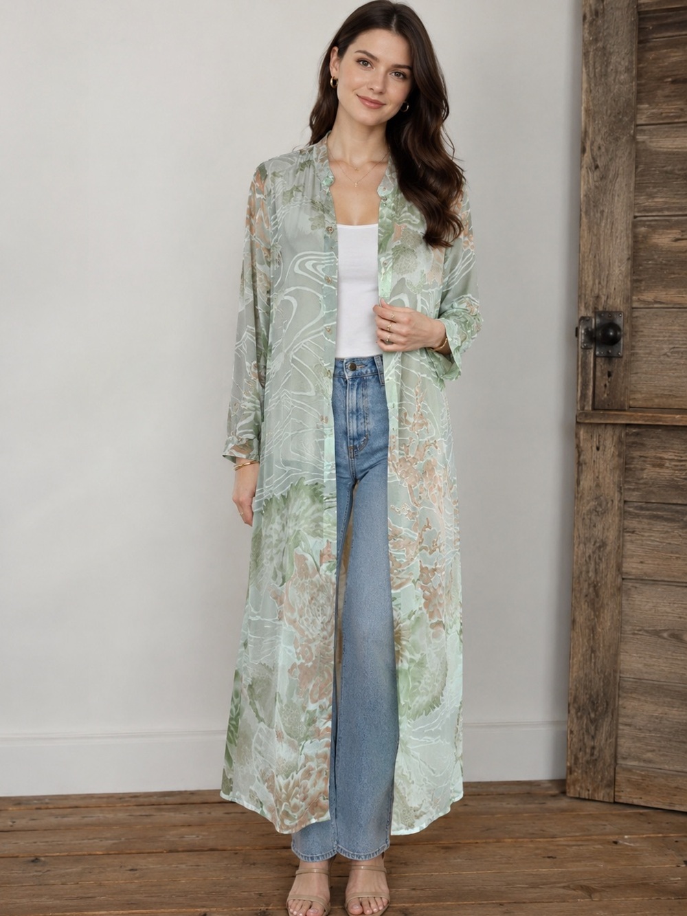 Citron Santa Monica Sheer Floral Burnout Silk Blend Button Up Duster Sz 0X